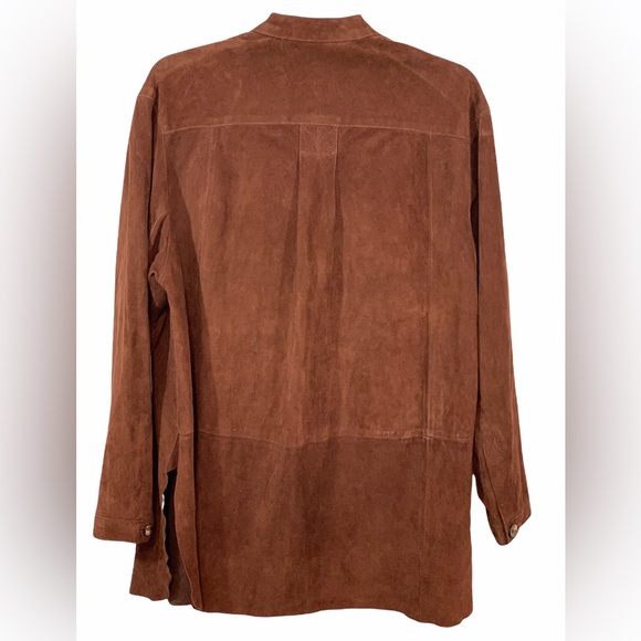 Joan & David Couture Cognac Suede Leather Button Front Collarless Shirt NWT L - Picture 2 of 13